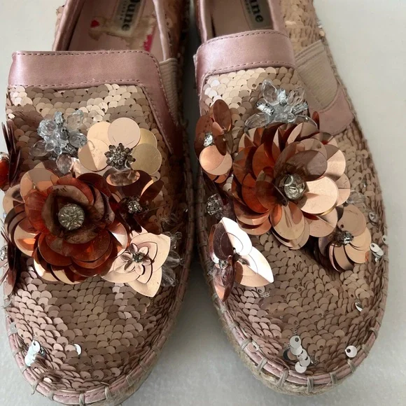 Dune London Pink and Gold Espadrille Flats with Sequined Floral Design - Picture 6 of 8
